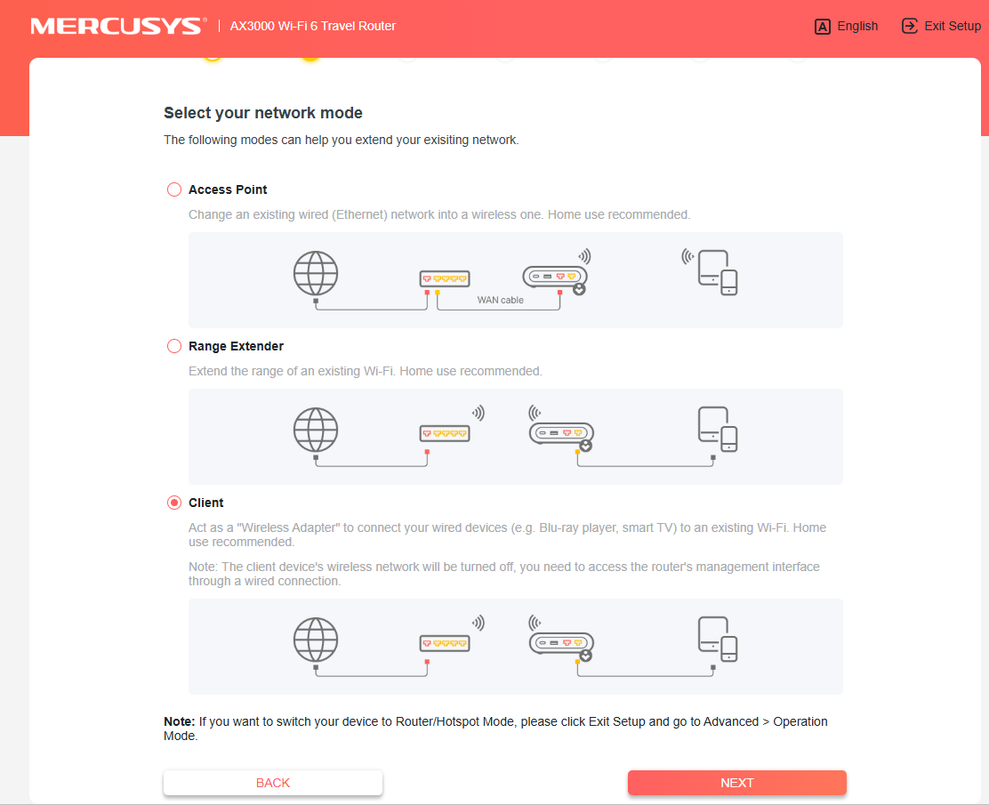 Select the network mode page.