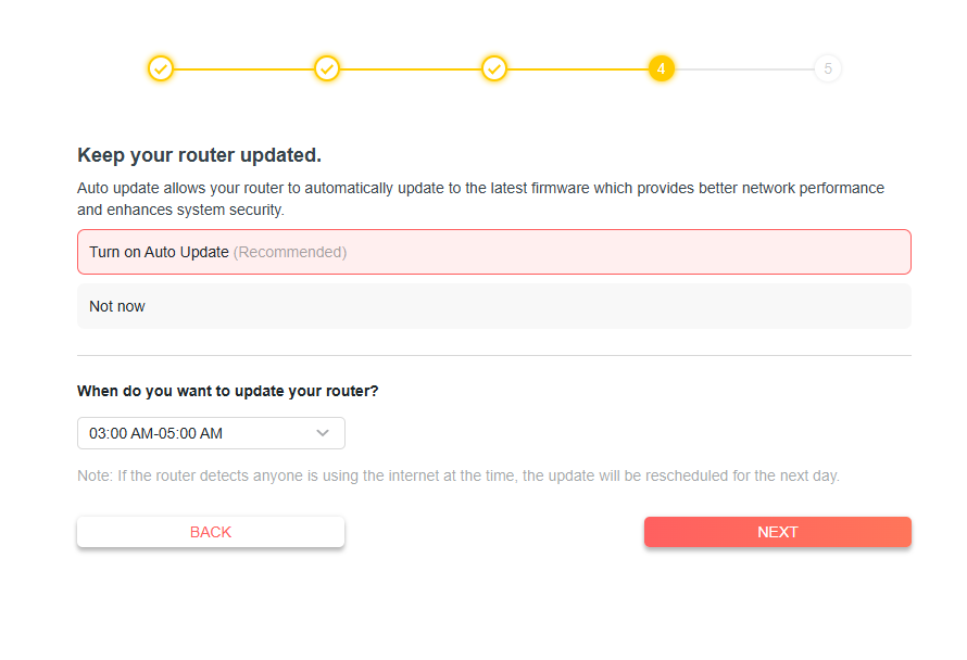 The screenshot shows that you should choose a time to update the router.
