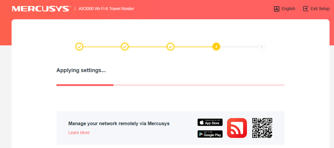 The screenshot shows that the "applying settings" progress bar is one-third full.
