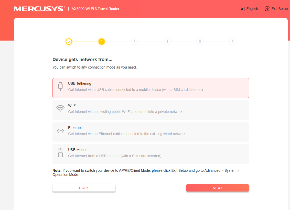 Screenshot showing USB Tethering selected as the Internet source.