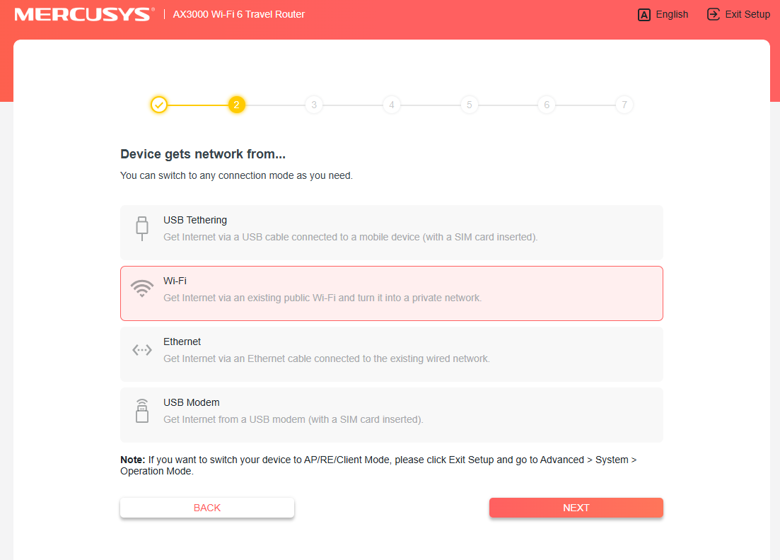 Screenshot showing Wi-Fi selected as the Internet source.