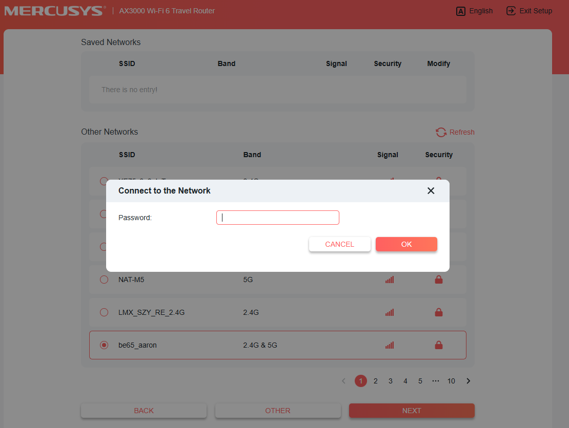Screenshot showing the password entry to connect to the network.