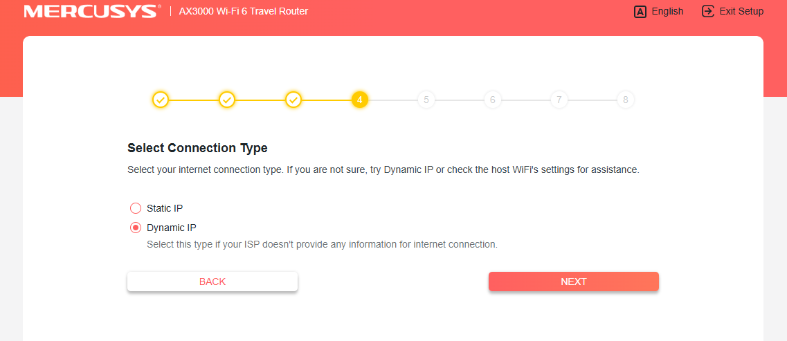 Screenshot showing how to select Static IP or Dynamic IP as the Connection Type.