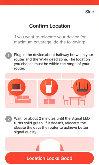 Relocating the extender for optimal coverage.
