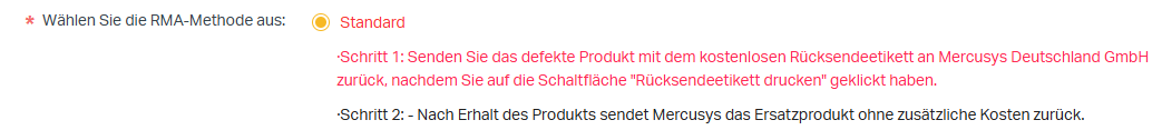 Der Web-Bildschirm der Standard-RMA-Versandmethode im Mercusys-Registrierungssystem.