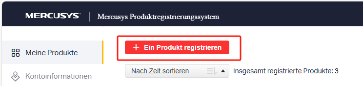 Web-Bildschirm mit der Schaltfläche „Ein Produkt registrieren“ oben links.