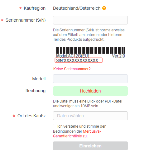 Suchen Sie bei der Produktregistrierung nach der Option, eine S/N zu übermitteln.