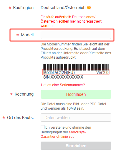 Suchen Sie die Option zur Eingabe der Modellnummer bei der Produktregistrierung, nachdem Sie auf die Schaltfläche „Keine Seriennummer“ geklickt haben.