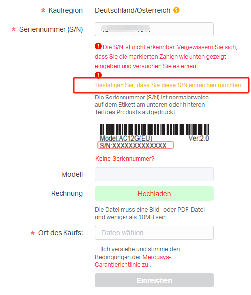 Suchen Sie nach der Eingabe einer ungültigen Seriennummer die Option „Bestätigen Sie, dass Sie diese S/N einreichen möchten“ im Produktregistrierungsprozess.