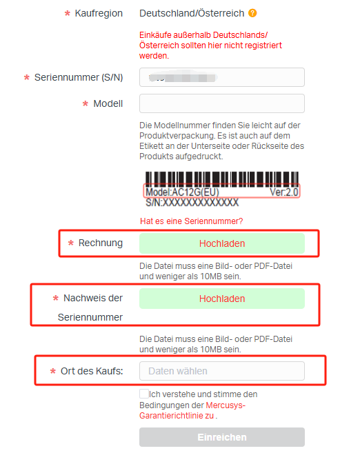 Suchen Sie die Option zum Hochladen eines Bildes des Produktetiketts, der Rechnung und wählen Sie das Kaufdatum bei der Produktregistrierung, nachdem Sie „Bestätigen Sie, dass Sie diese S/N einreichen möchten“ ausgewählt haben.