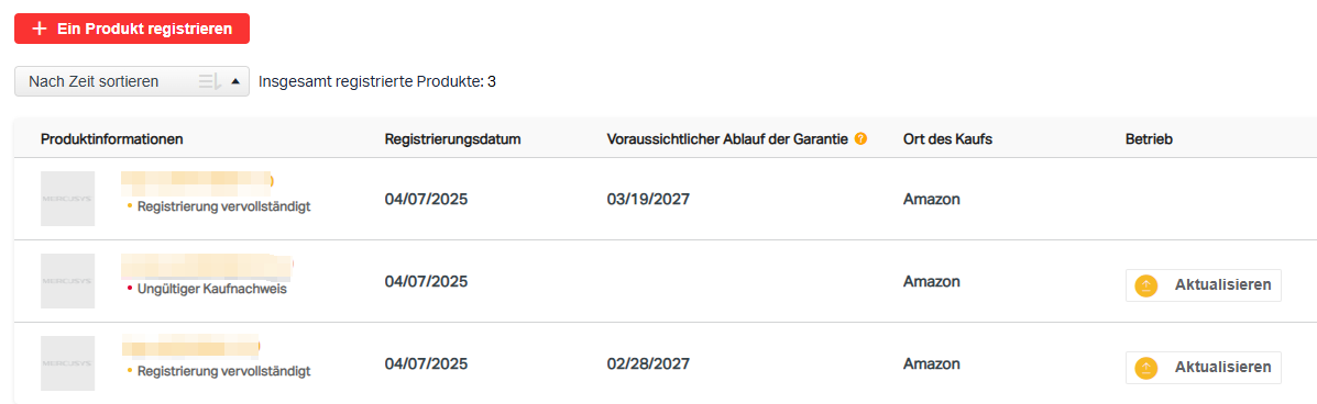 Die Produktliste unter Meine Produkte, die den Produktstatus anzeigt.