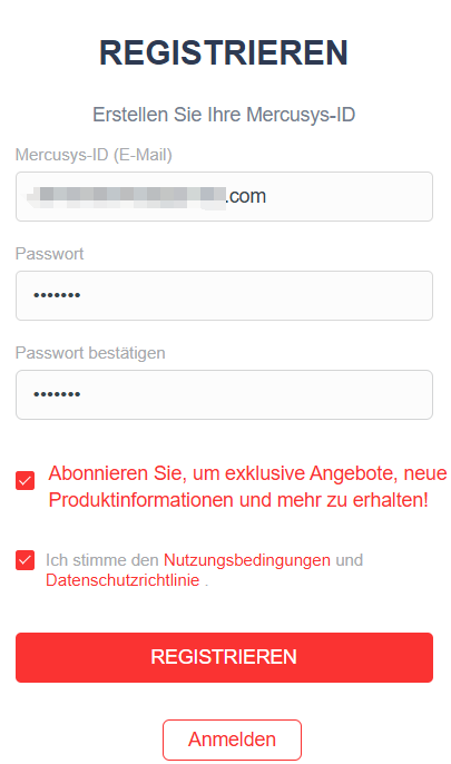 Web-Bildschirm mit den Details zur Registrierung.