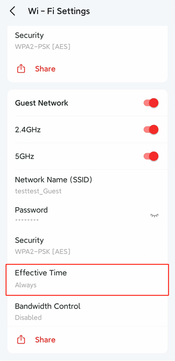 The Wi-Fi settings and the effective time option of the guest network.