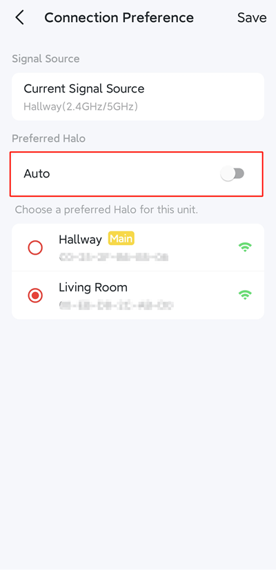 Turn off Auto to select the preferred source Halo in the Connection Preference page.