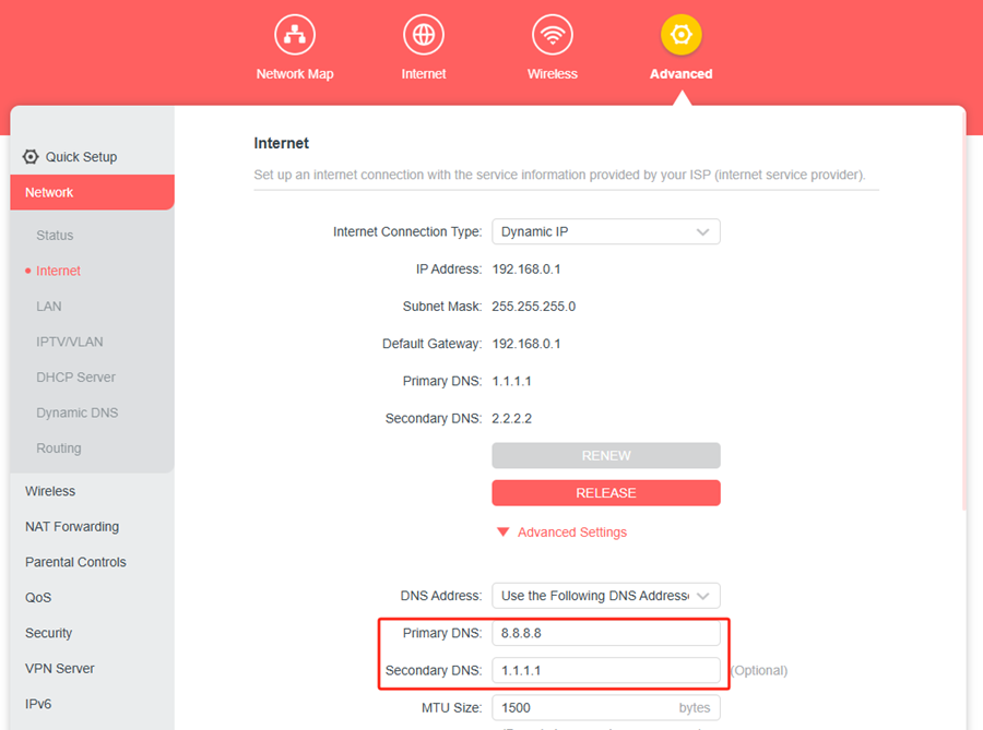 Set the DNS address manually on the Internet page.