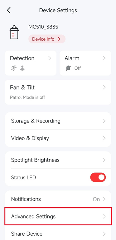 The Advanced Settings position in the app.