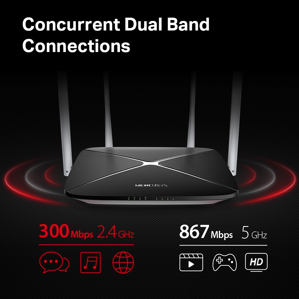 Mercusys ac12 ac1200 dual band brezžični usmerjevalnik z ilustracijo hitrosti 2,4 ghz in 5 ghz